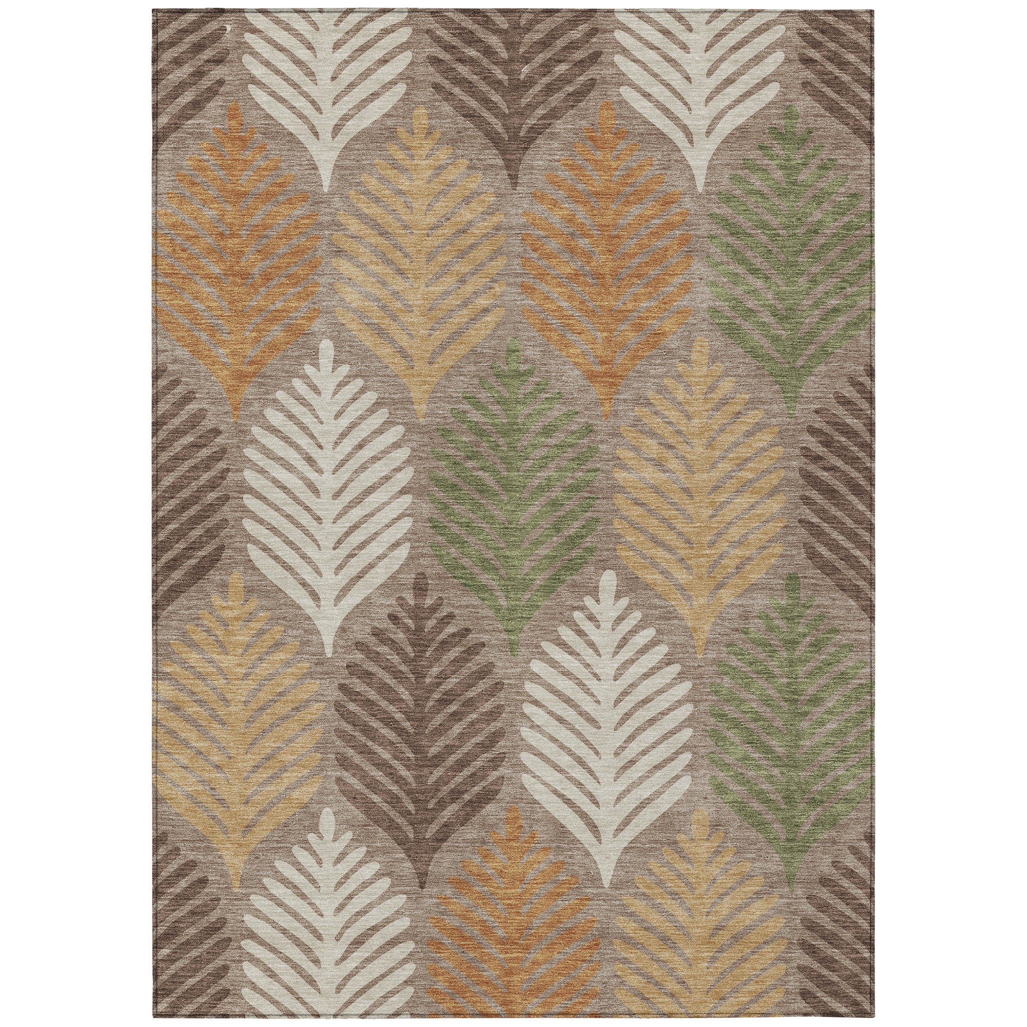Rectangular washable area rug featuring multicolor leaf shapes on taupe background