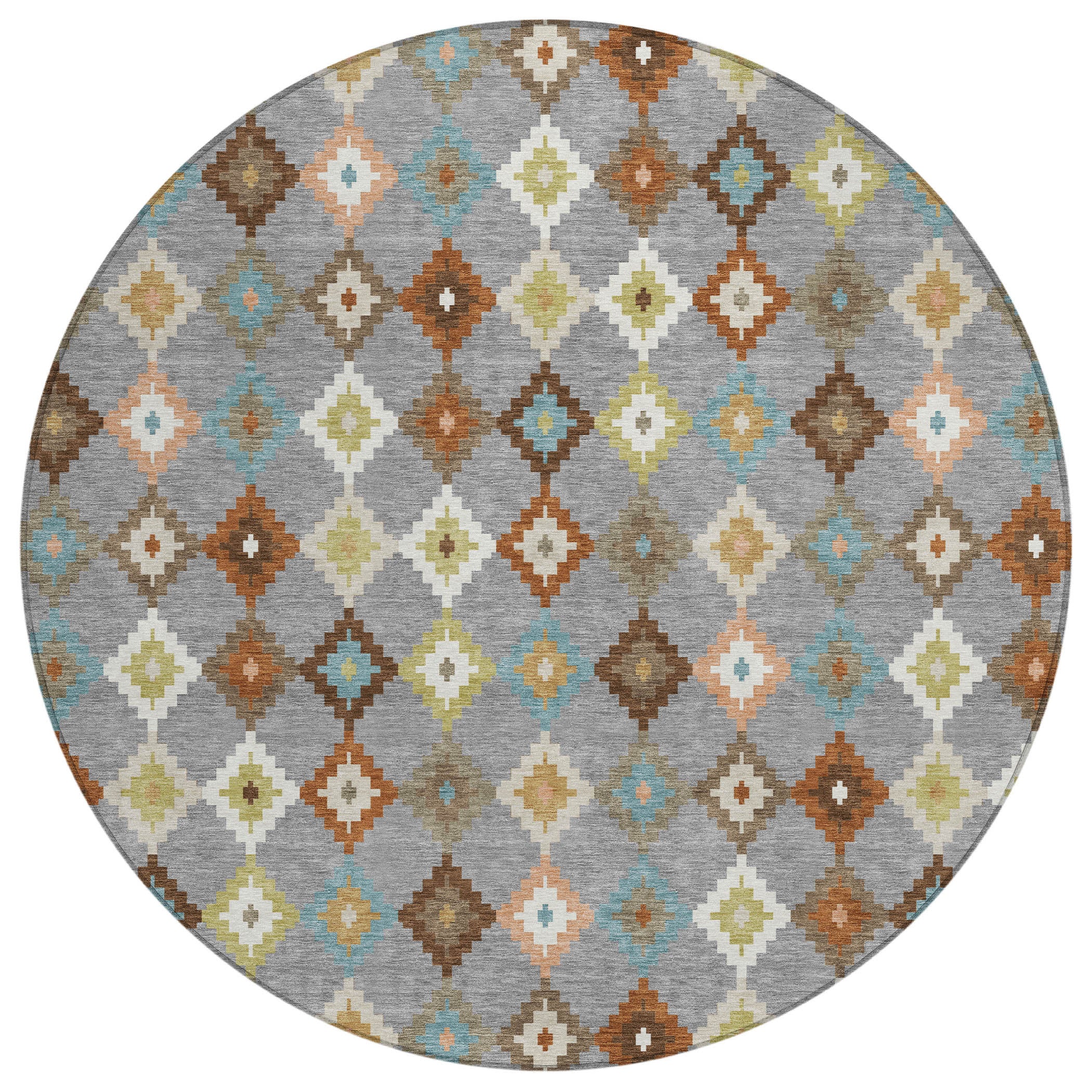 Round washable area rug featuring grey base with multicolor diamond Aztec motifs.
