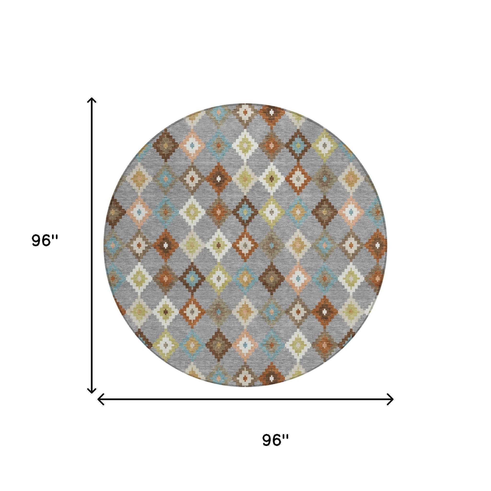 Round rug with multicolor Aztec diamond pattern, 96 in diameter (shown).