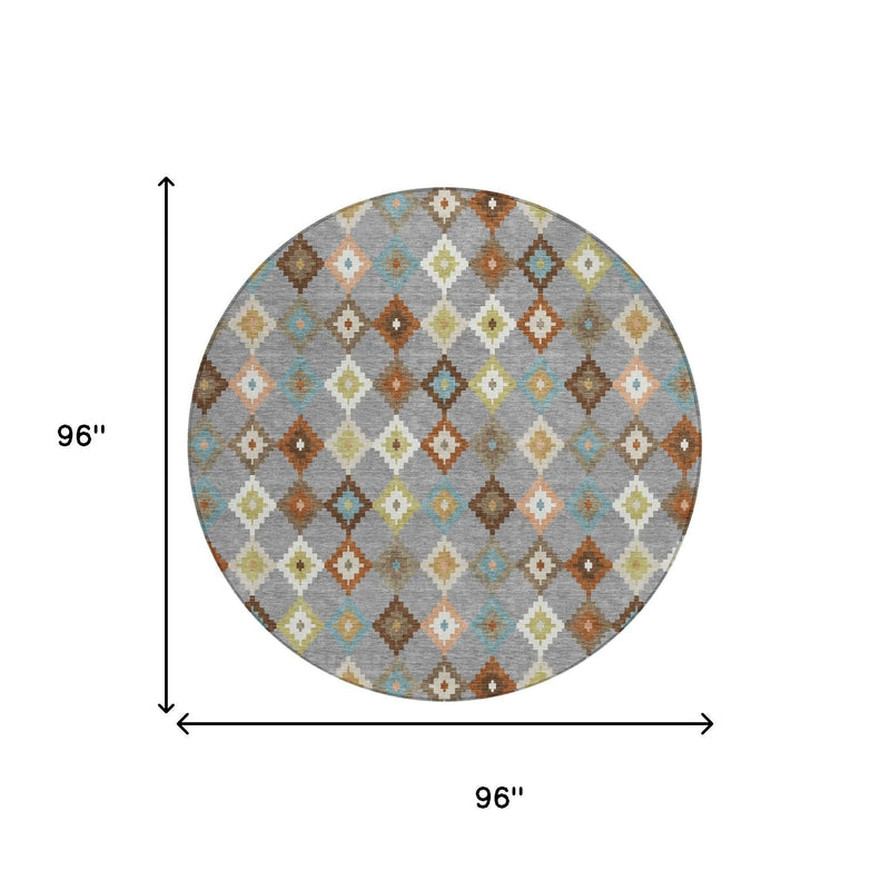 Round rug with multicolor Aztec diamond pattern, 96 in diameter (shown).