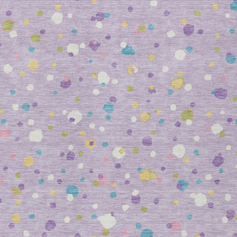 Lavender area rug fabric close-up with scattered multicolor geometric dots on heather texture