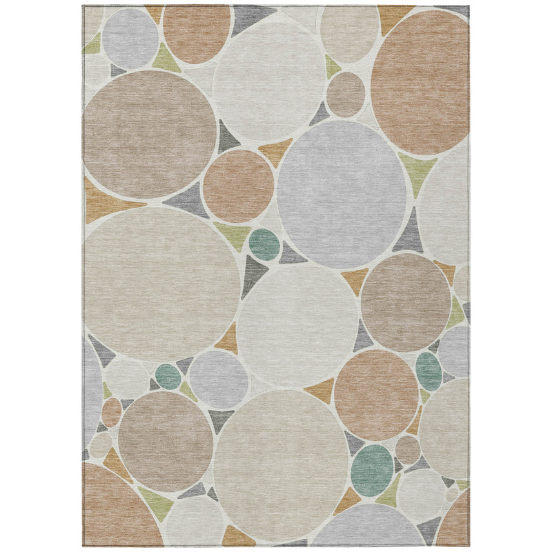 Beige and gray geometric area rug with circular pattern and muted green accents, 5x8 ft