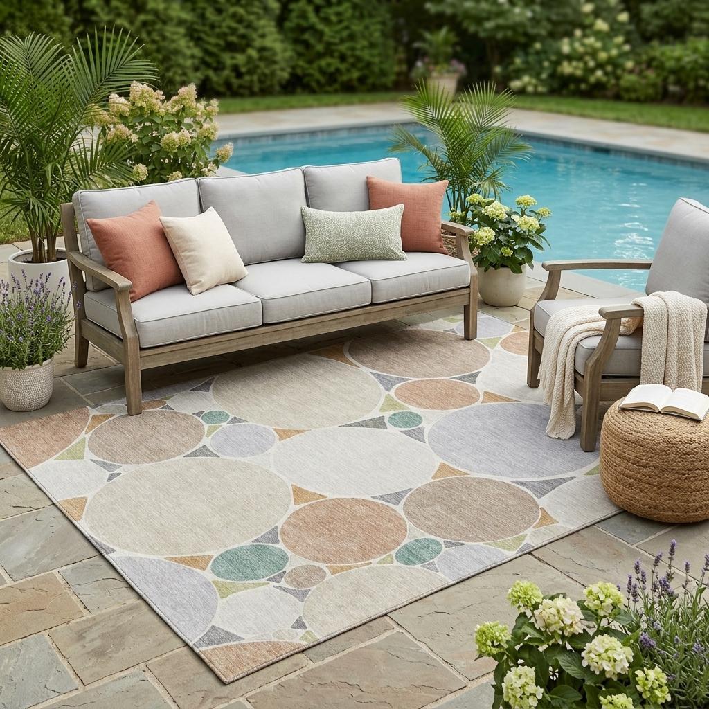 Outdoor-ready area rug with beige, gray, and muted green circular geometric pattern