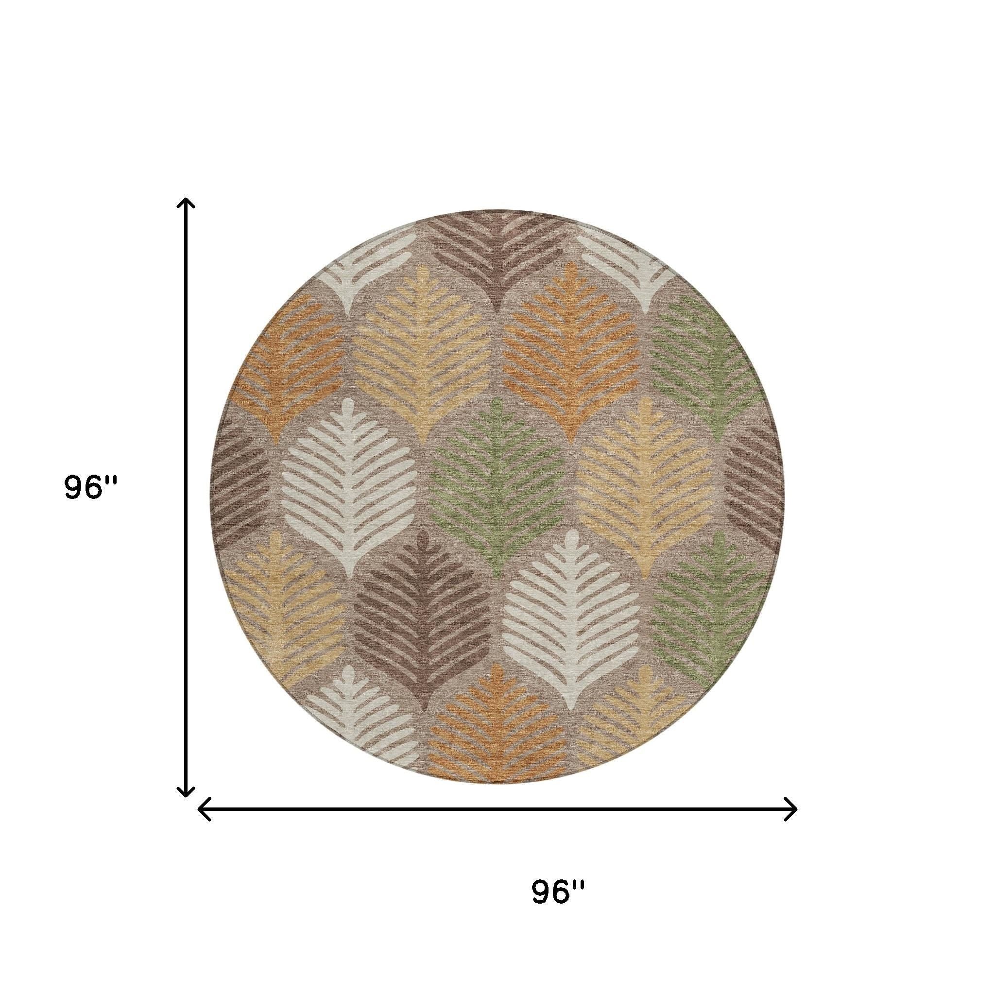 Round indoor/outdoor area rug, 96 in diameter; multicolor leaf pattern