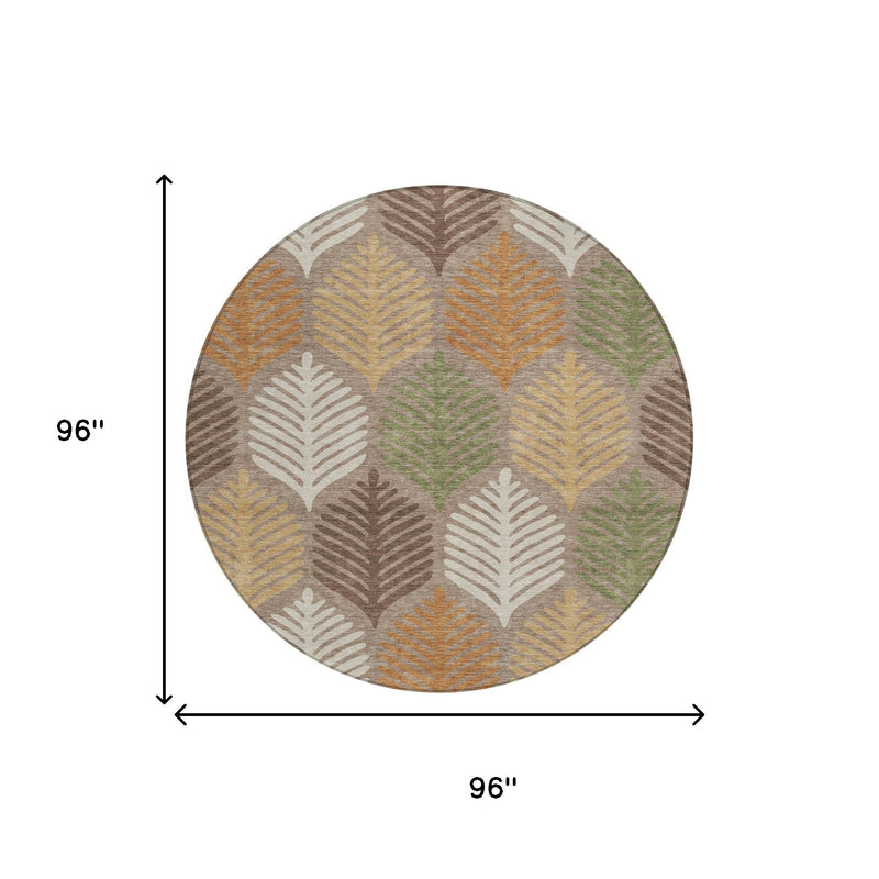 Round indoor/outdoor area rug, 96 in diameter; multicolor leaf pattern