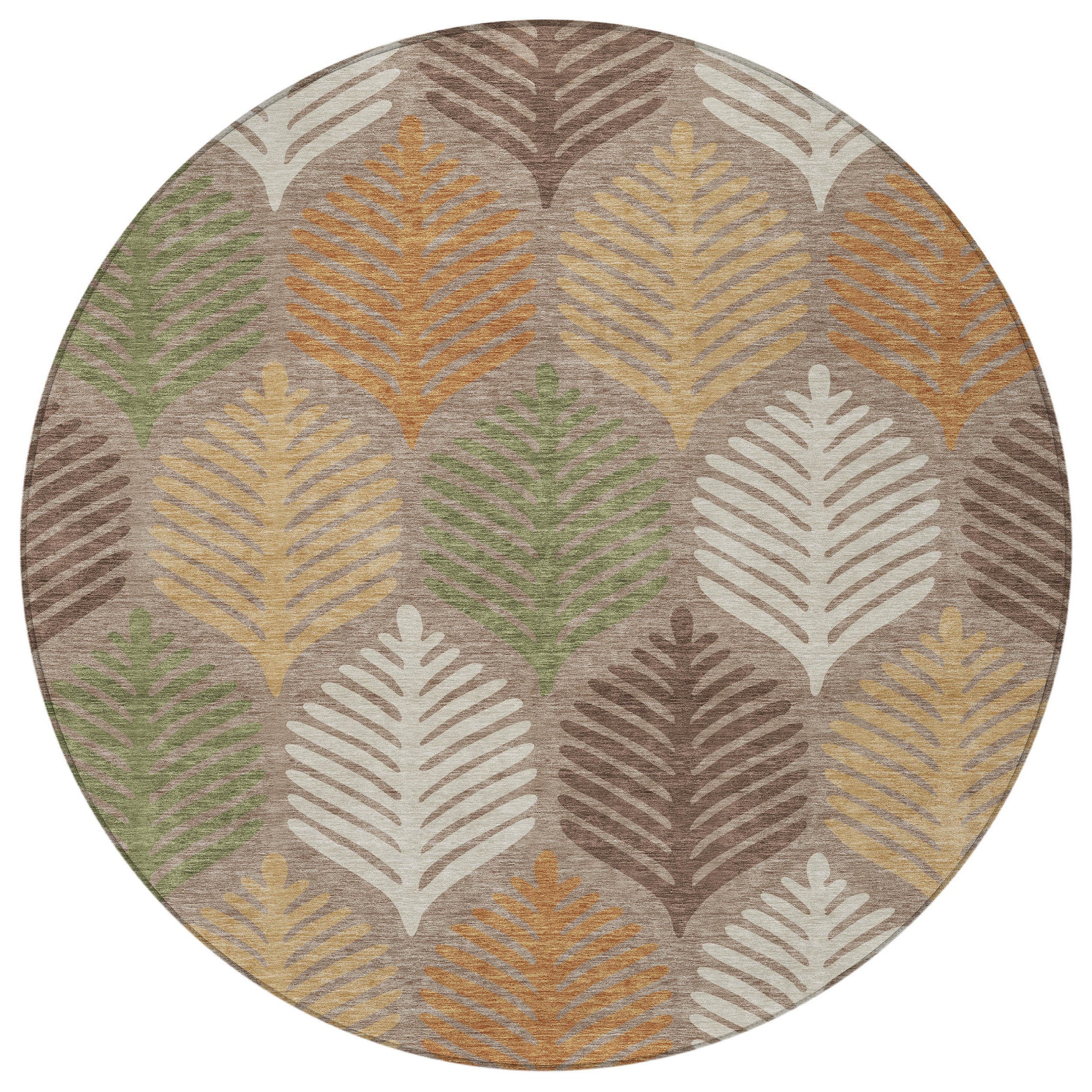 Round indoor/outdoor area rug with multicolor leaf pattern and light taupe border