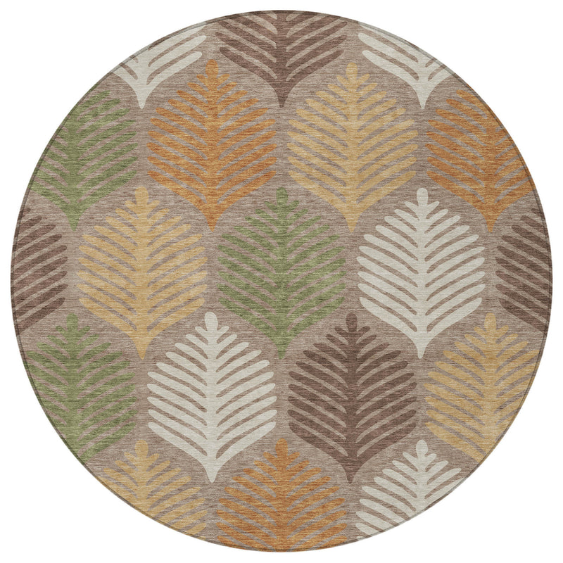 Round indoor/outdoor area rug with multicolor leaf pattern and light taupe border