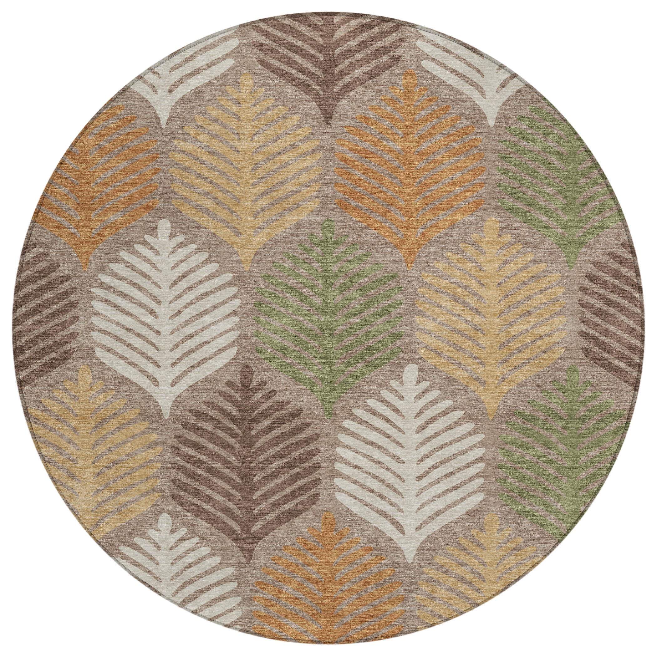 Round indoor/outdoor area rug with multicolor leaf pattern on light beige background