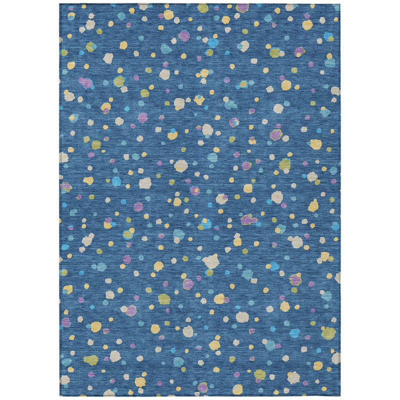 Rectangular navy blue area rug featuring multicolor geometric speckle pattern