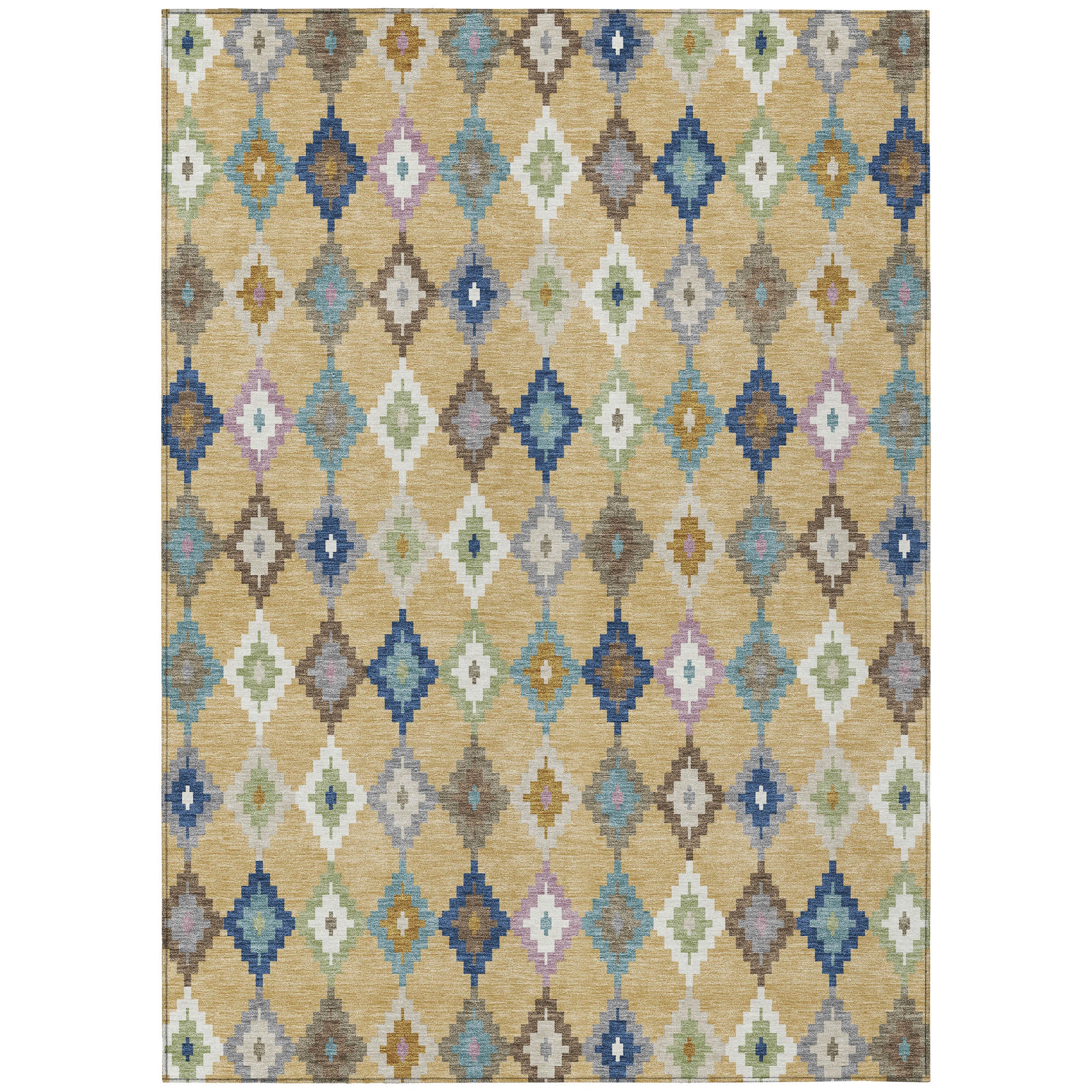 Indoor outdoor area rug with repeating diamond and cross motifs in gold, teal blue, and ivory