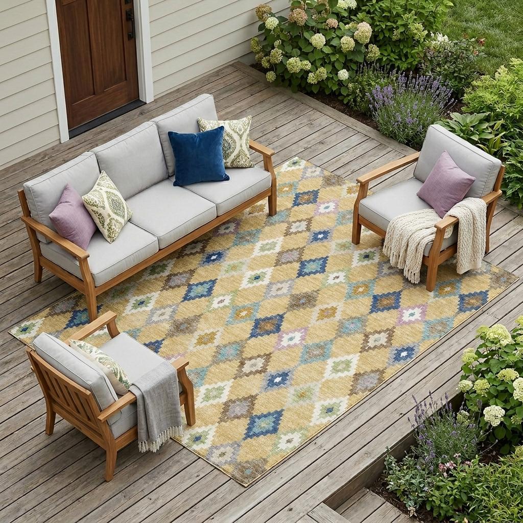 Indoor outdoor area rug with multicolor Aztec diamond pattern in gold, teal blue, and ivory