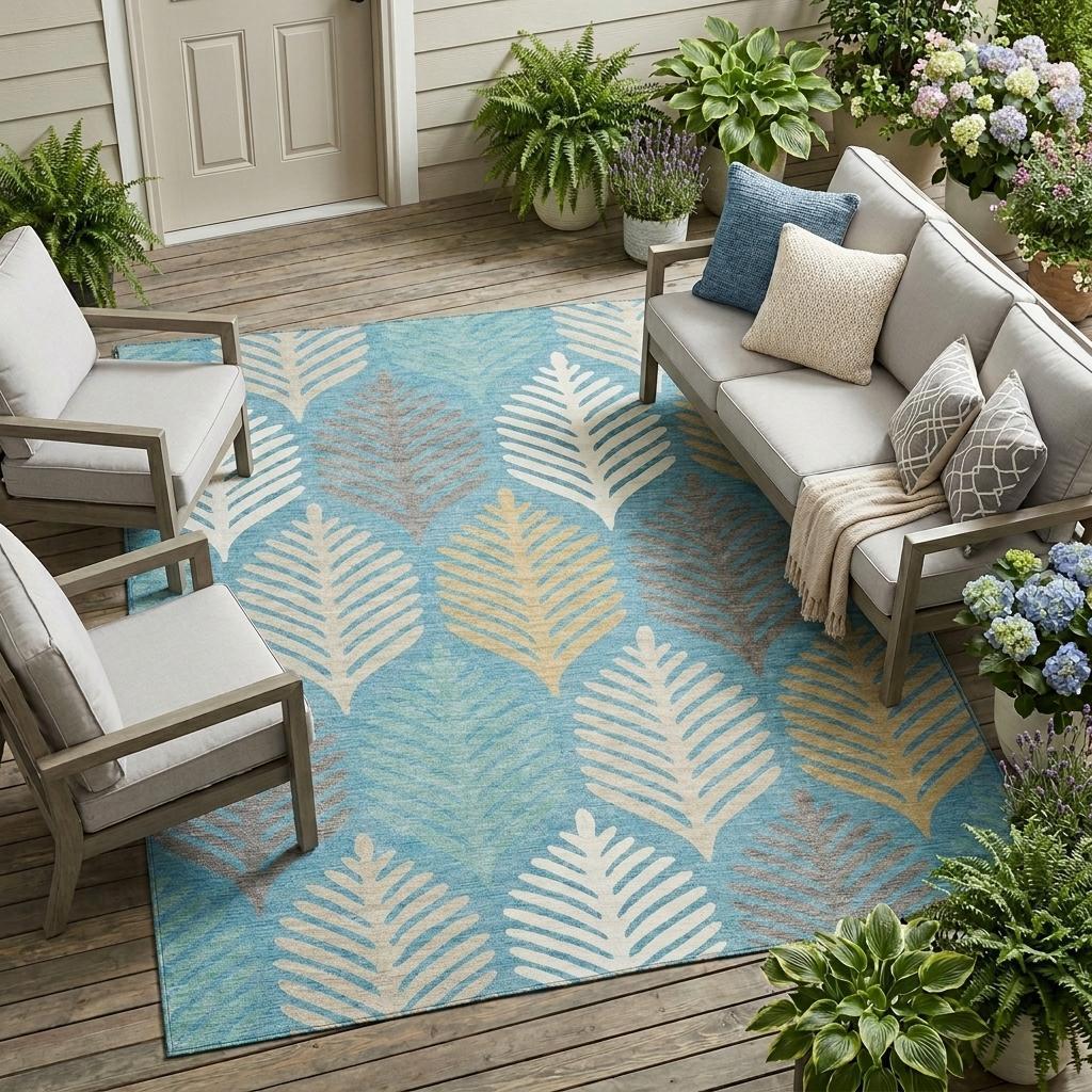 Teal blue area rug with repeating ivory and gold leaf fan motif pattern