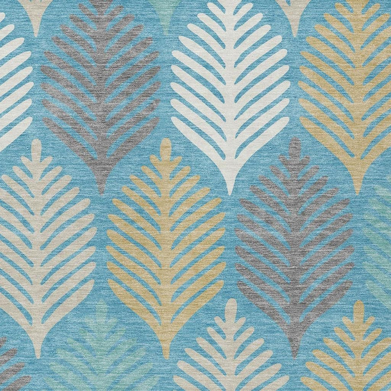 Teal blue area rug with ivory and gold leaf fan pattern, tight repeat