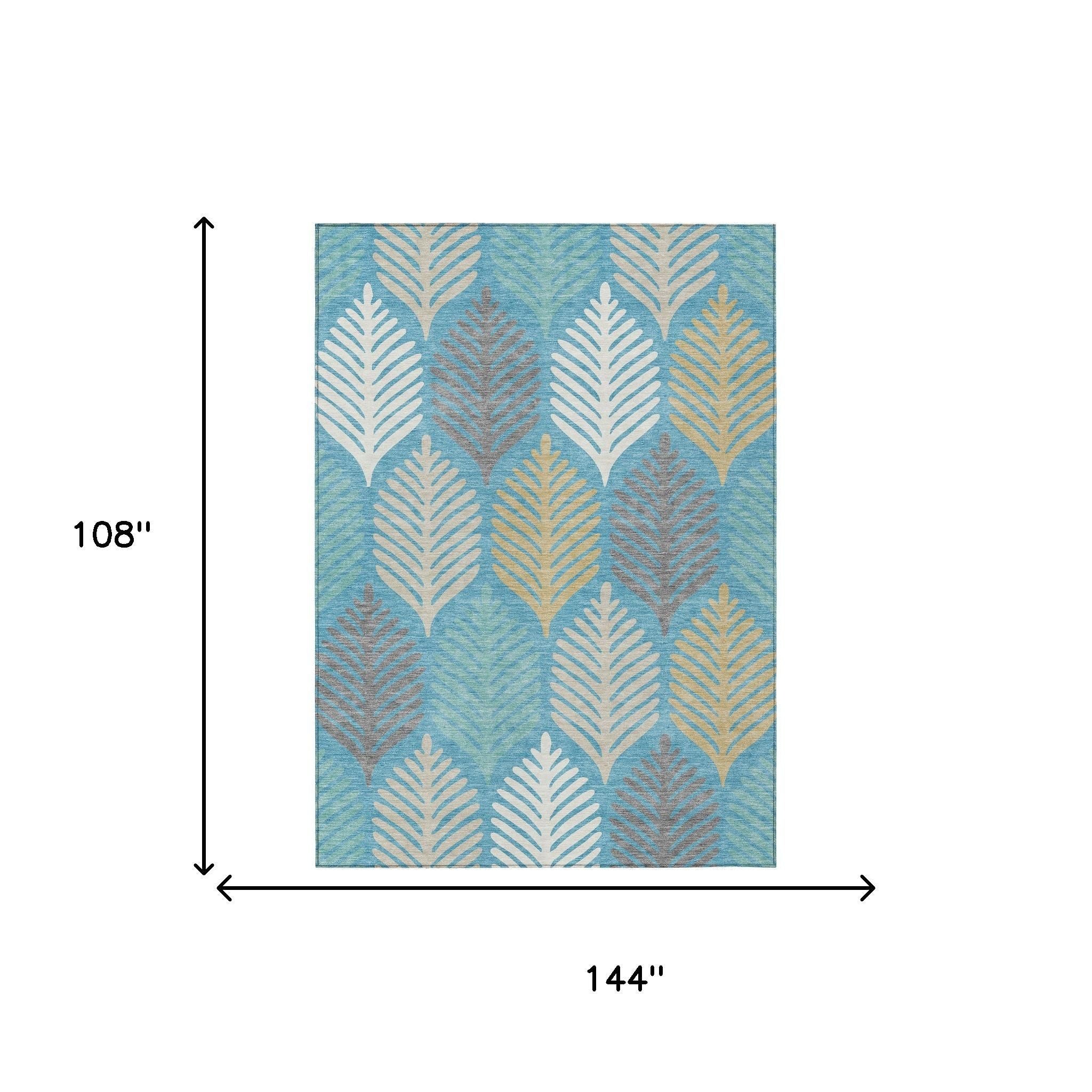Rectangular rug with teal blue and ivory leaf fan pattern, 108 x 144 in