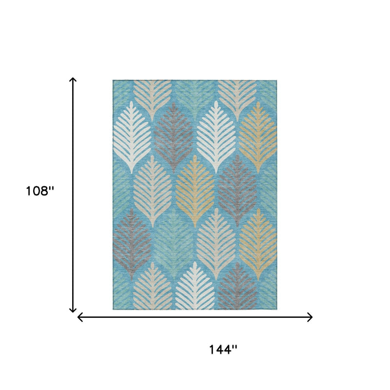 Rectangular rug with teal blue and ivory leaf fan pattern, 108 x 144 in