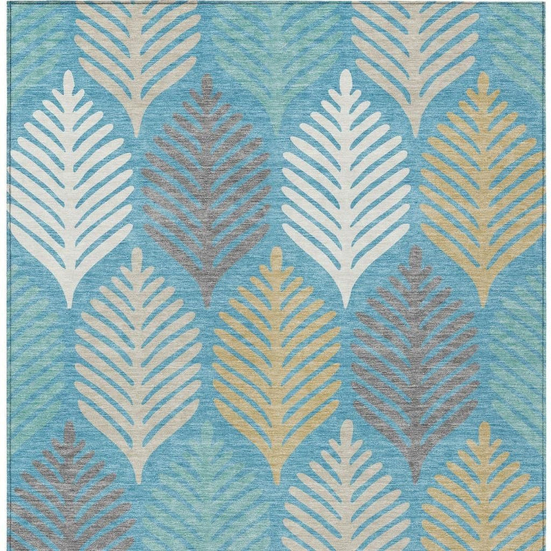 Teal blue rectangle rug with repeating ivory leaf fan pattern and gold accents
