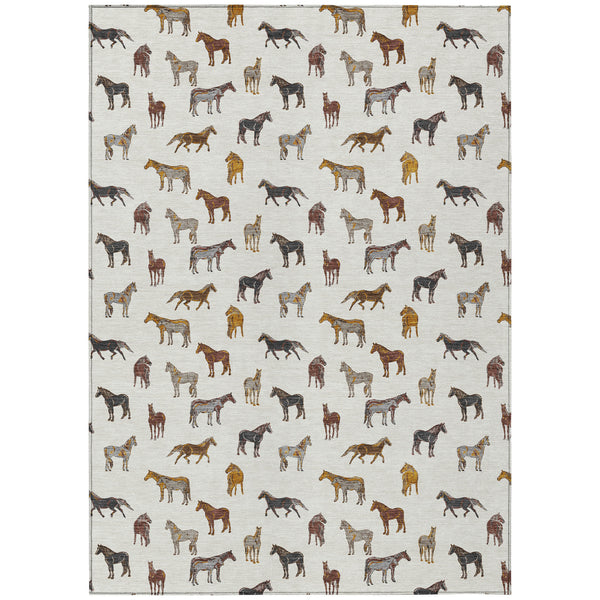 Ivory indoor outdoor area rug with gold, brown, and black horse pattern