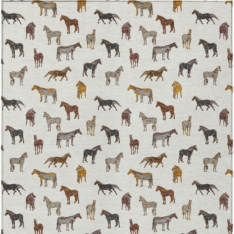 Ivory indoor outdoor area rug with dense multicolor horse pattern