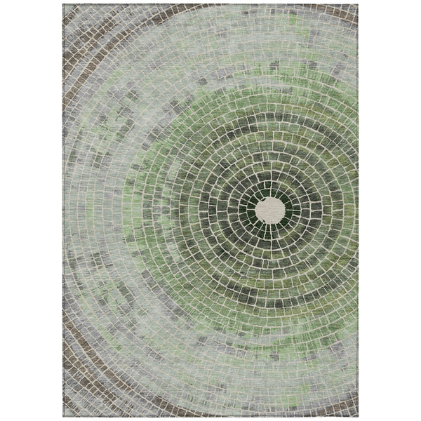 Geometric washable area rug with circular mosaic pattern in light gray and olive green