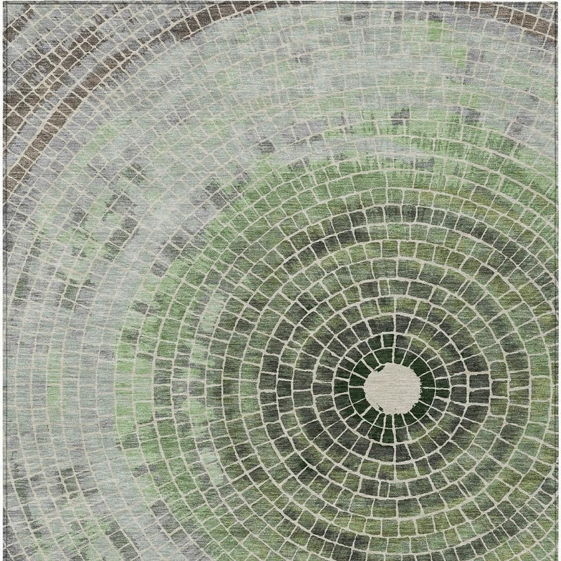 Geometric washable area rug circular medallion pattern in gray mesh with green rings