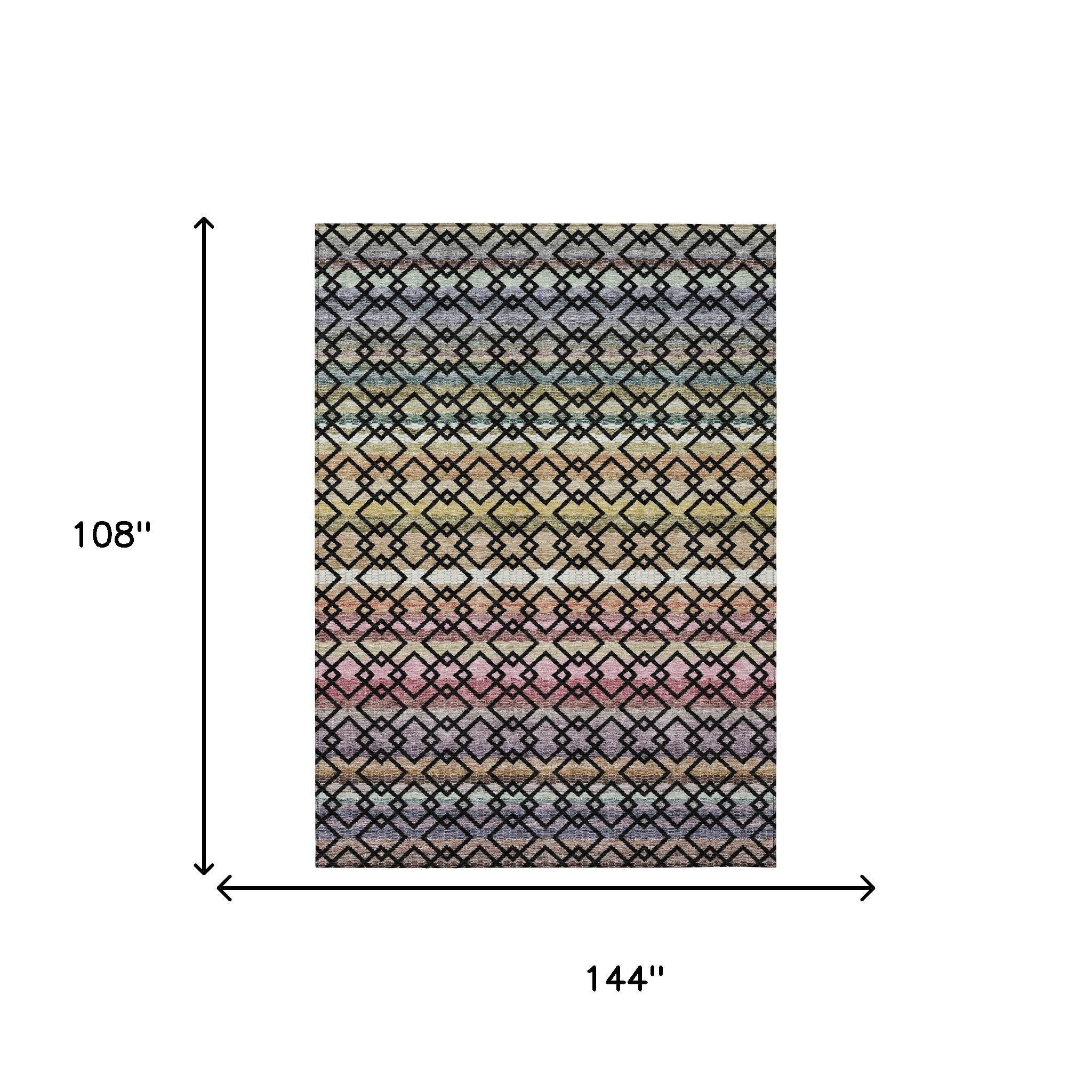 9' X 12' Black And Gold Striped Washable Indoor Outdoor Area Rug - Outdoor
