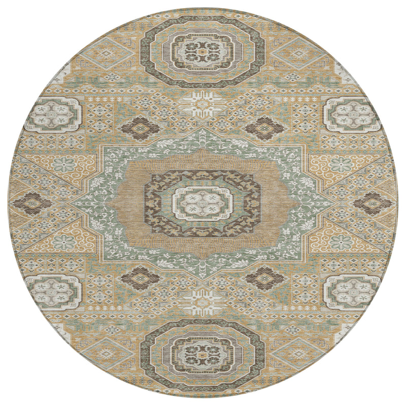Round oriental area rug with gold and sage framing, layered medallions, and corner motifs