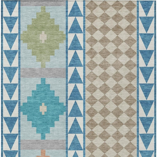 Teal and ivory southwestern patterned area rug with geometric medallion blocks and borders