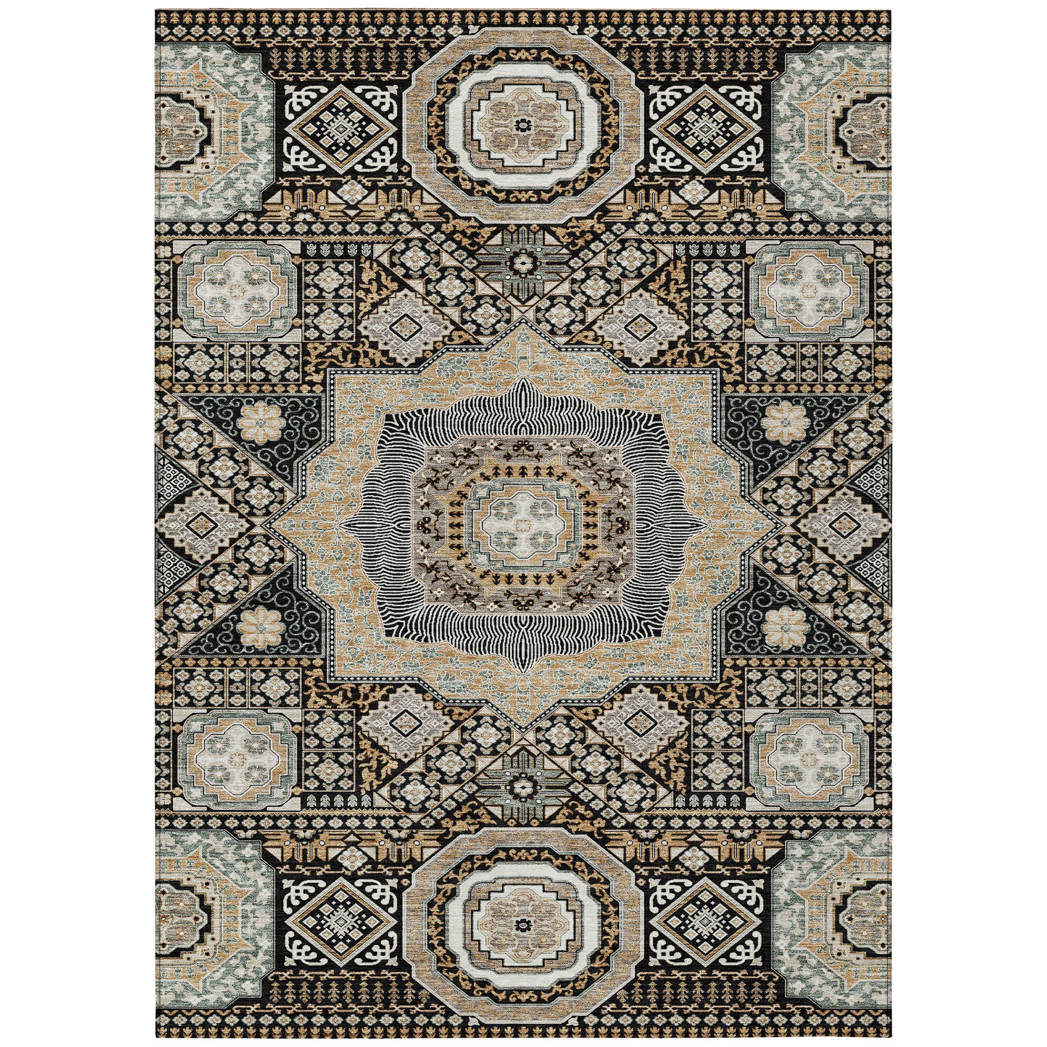 8' X 10' Black And Ivory Oriental Washable Indoor Outdoor Area Rug - Sports & Outdoor