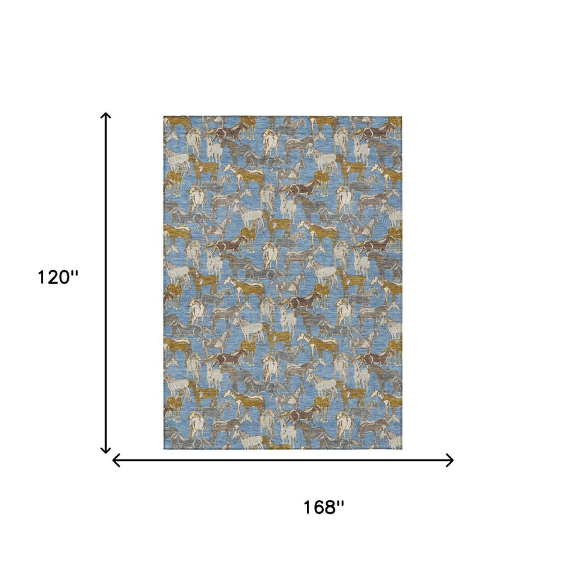 Blue horse-pattern rug shown with 120 in by 168 in size on a white background.