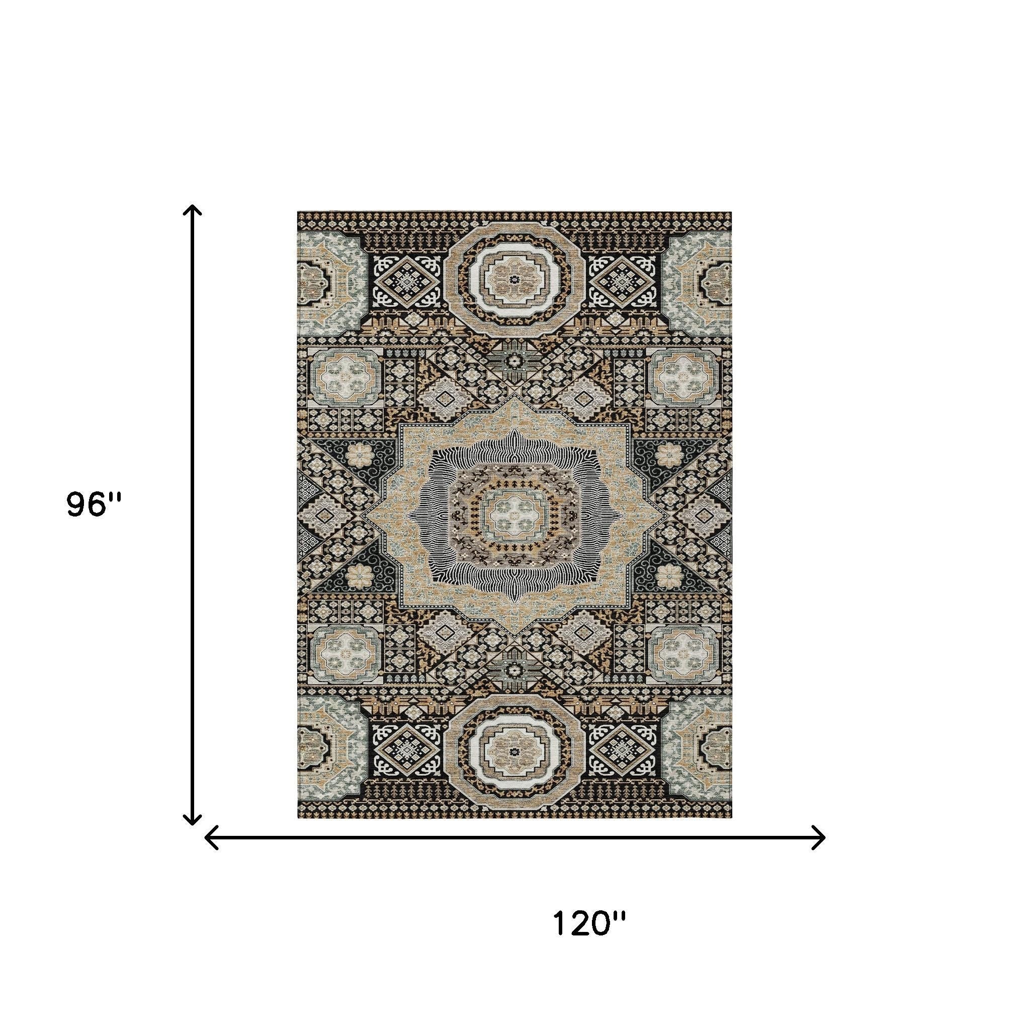 8' X 10' Black And Ivory Oriental Washable Indoor Outdoor Area Rug - Sports & Outdoor