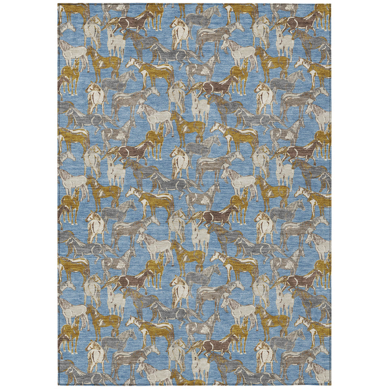 Blue rug with scattered horse and rider motifs in beige and tan with vintage wash texture.