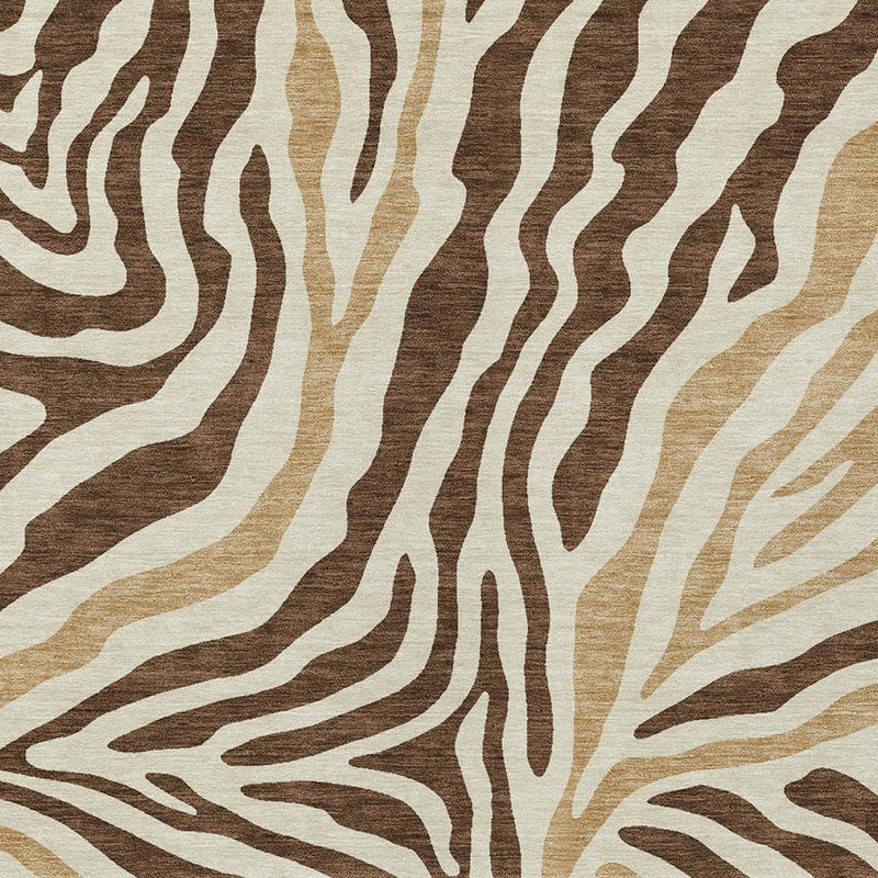 Brown and beige zebra print area rug close-up showing dense woven texture