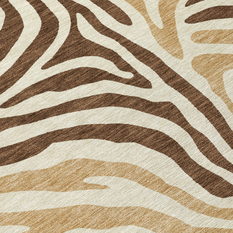 Brown and beige zebra print area rug close-up with layered wavy stripe lines