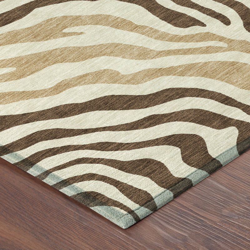 Brown and beige zebra print area rug corner detail with textured woven pile
