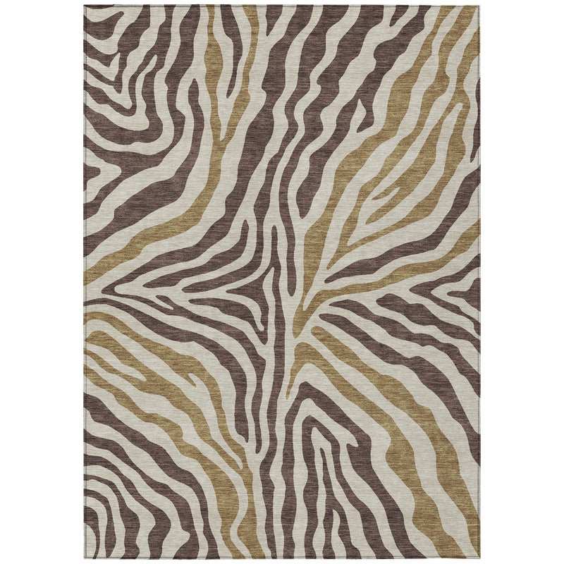 Rectangular zebra print area rug with wavy brown and beige stripes