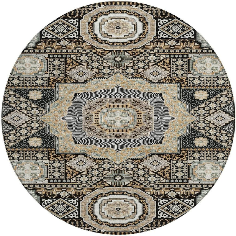 Round area rug featuring black, ivory, and light blue ornamental geometric border design