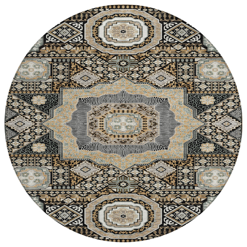 Round area rug with black and ivory geometric medallion pattern and light blue accents
