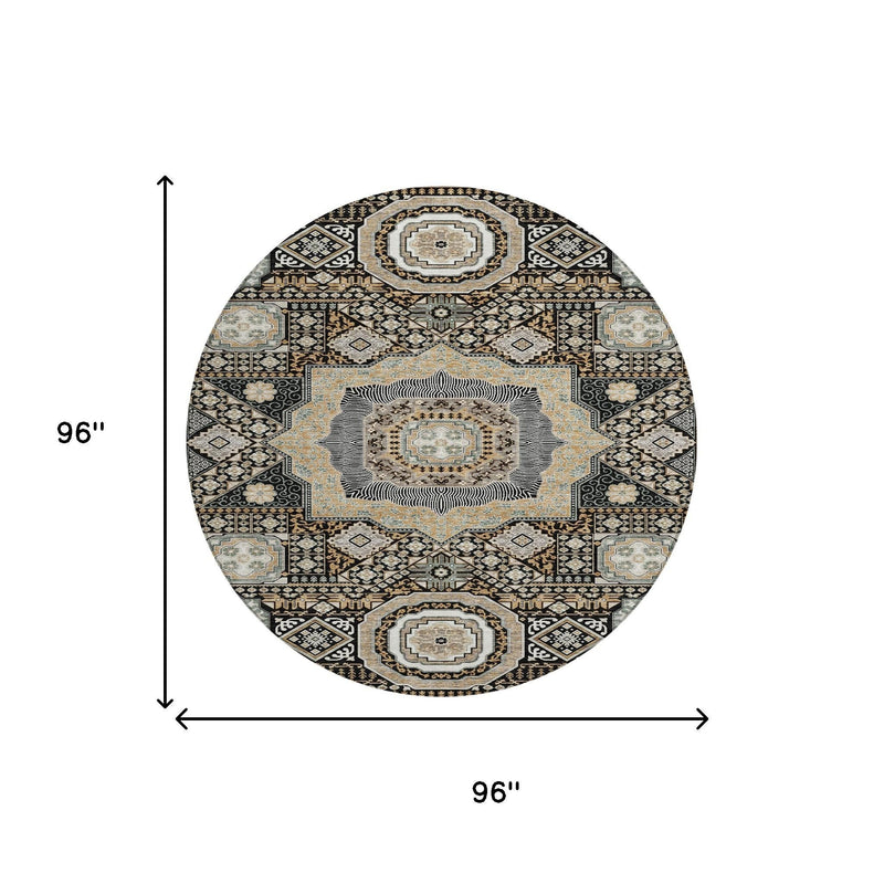 Round area rug diagram with black and ivory geometric pattern labeled 96" by 96"