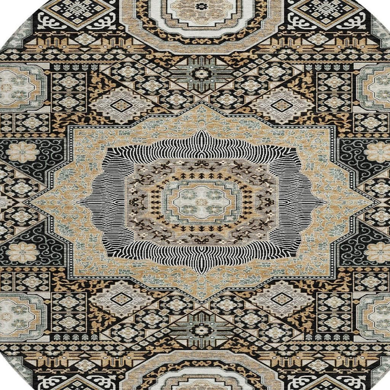 Round area rug close-up with black, ivory, and blue ornate medallion and border details