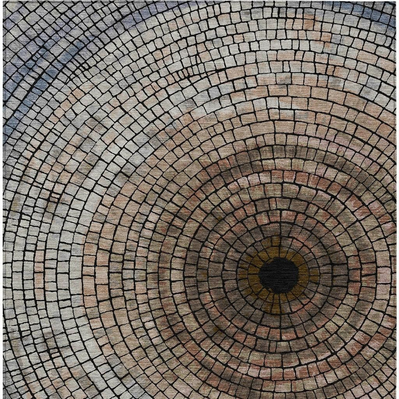Beige and taupe concentric circular mosaic area rug with dark spiral center detail