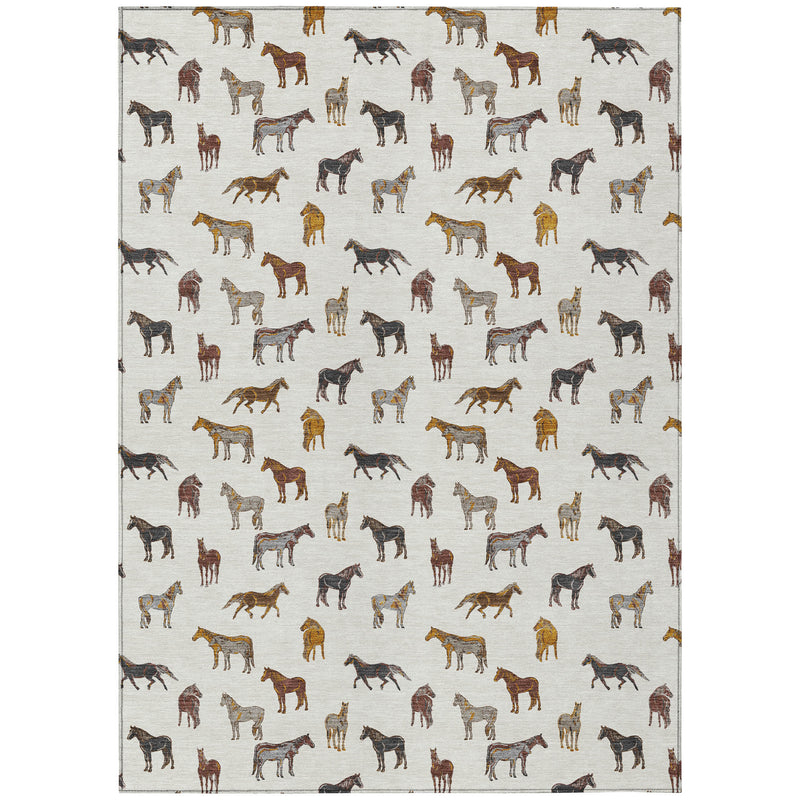 Ivory horse area rug full view with dense brown and gold horse silhouettes