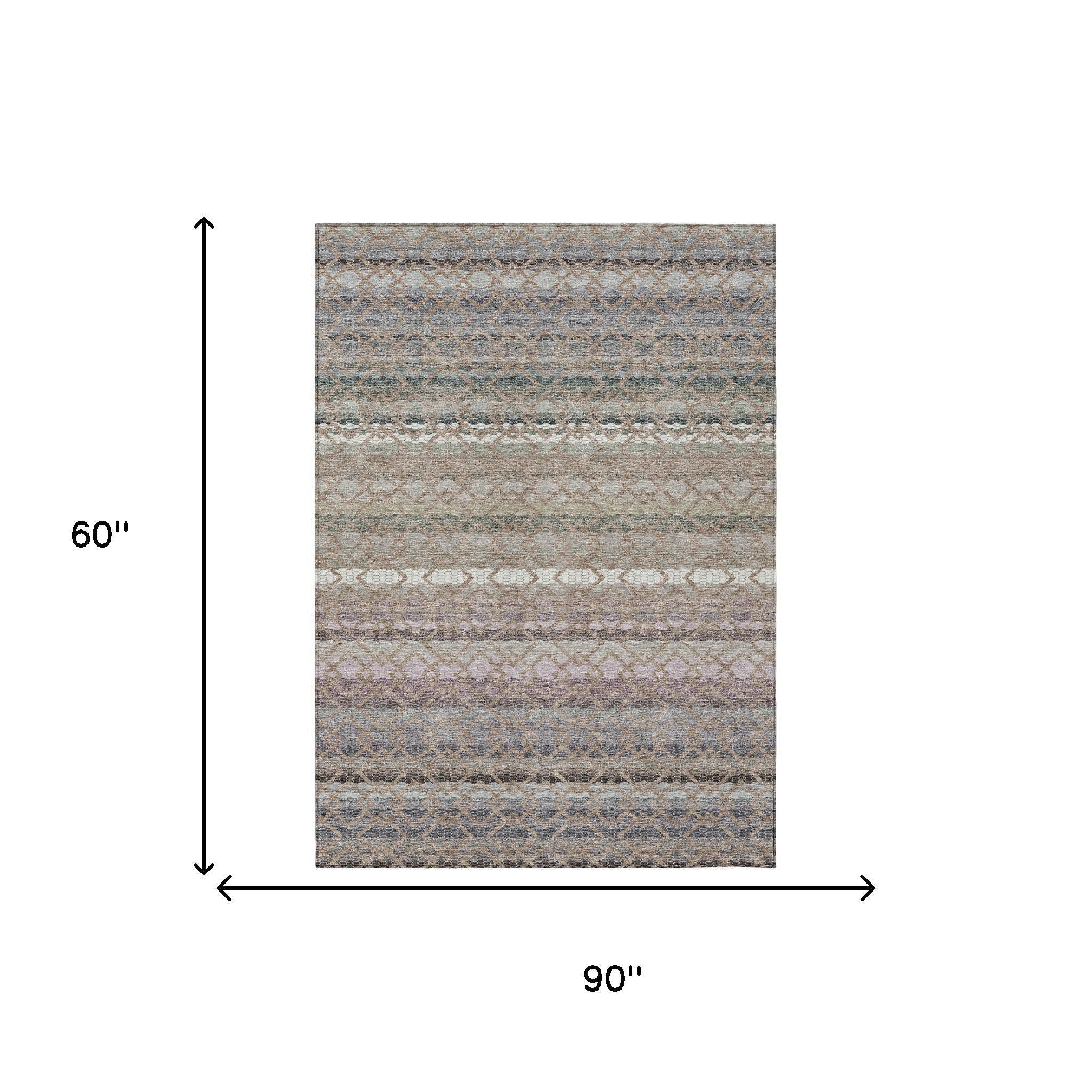 Multicolored striped area rug, 90"x60", featuring a modern woven design in soft hues of blue, gray, and cream.