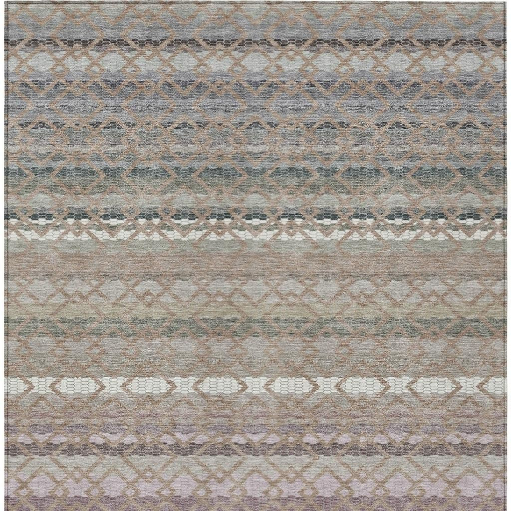 Multicolored geometric area rug in gray, beige, and soft pastels, made of durable woven material, perfect for modern decor.