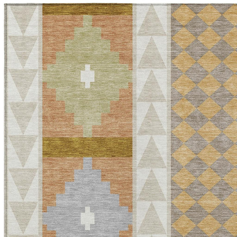 Geometric southwestern area rug with beige, olive, rust, and gray panels