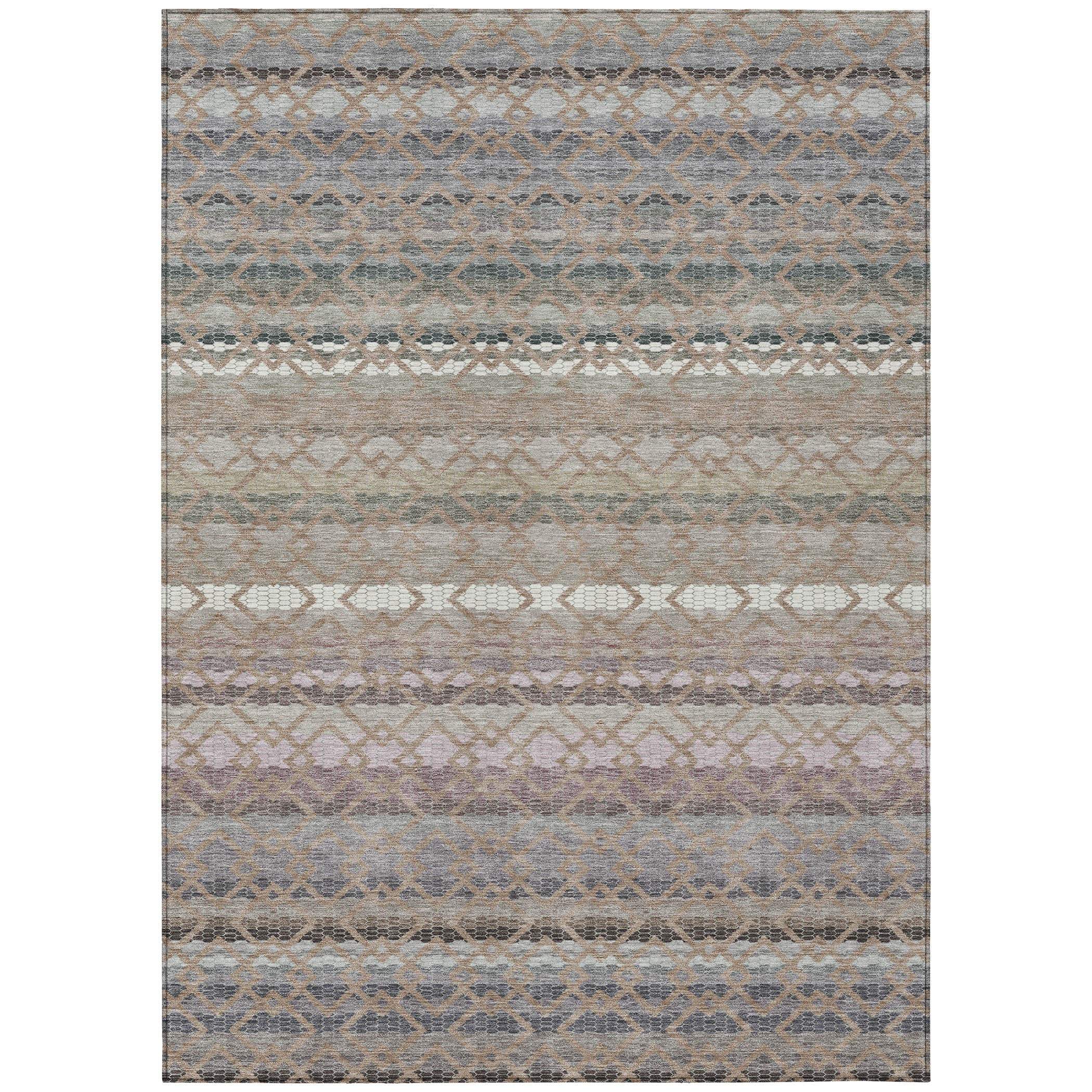 Decorative area rug featuring a multi-colored geometric pattern in soft blues, greys, and taupes, made from durable synthetic fibers.