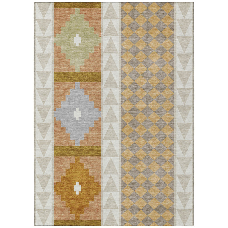 Southwestern area rug with vertical medallion and diamond border in beige and gold tones