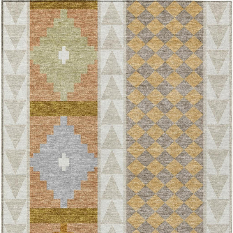 Southwestern area rug with three medallions and diamond border in muted beige and gold