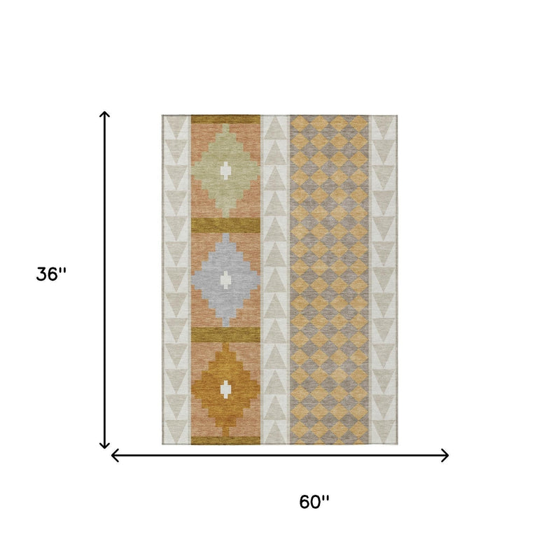 Southwestern area rug diagram: 36 in by 60 in, geometric pattern in beige and gold