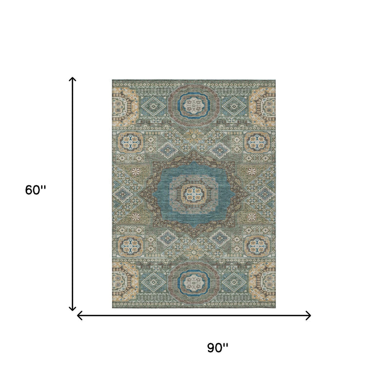 90 x 60 in oriental area rug with teal center medallion and tan geometric border