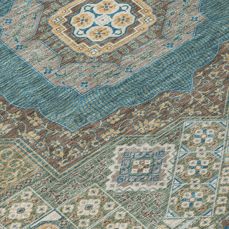 Teal and tan geometric mosaic area rug with diagonal pattern and ornate motifs